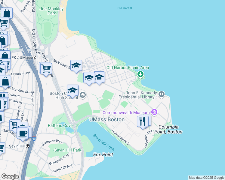 map of restaurants, bars, coffee shops, grocery stores, and more near 150 Morrissey Boulevard in Boston