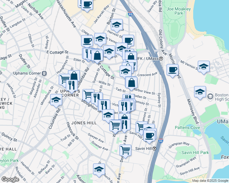 map of restaurants, bars, coffee shops, grocery stores, and more near 31 Pleasant Street in Boston
