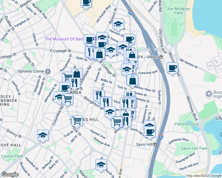 map of restaurants, bars, coffee shops, grocery stores, and more near 31 Pleasant Street in Boston