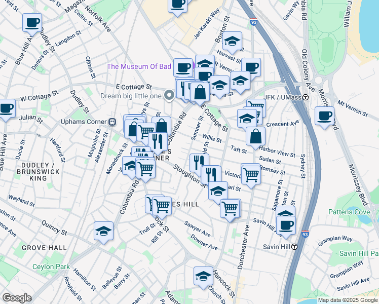 map of restaurants, bars, coffee shops, grocery stores, and more near 91 Sumner Street in Boston