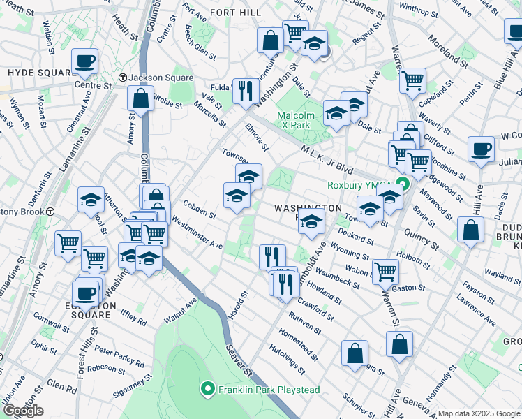 map of restaurants, bars, coffee shops, grocery stores, and more near 74 Holworthy Street in Boston