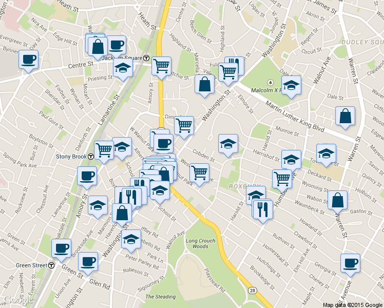 map of restaurants, bars, coffee shops, grocery stores, and more near 18 Westminster Avenue in Boston