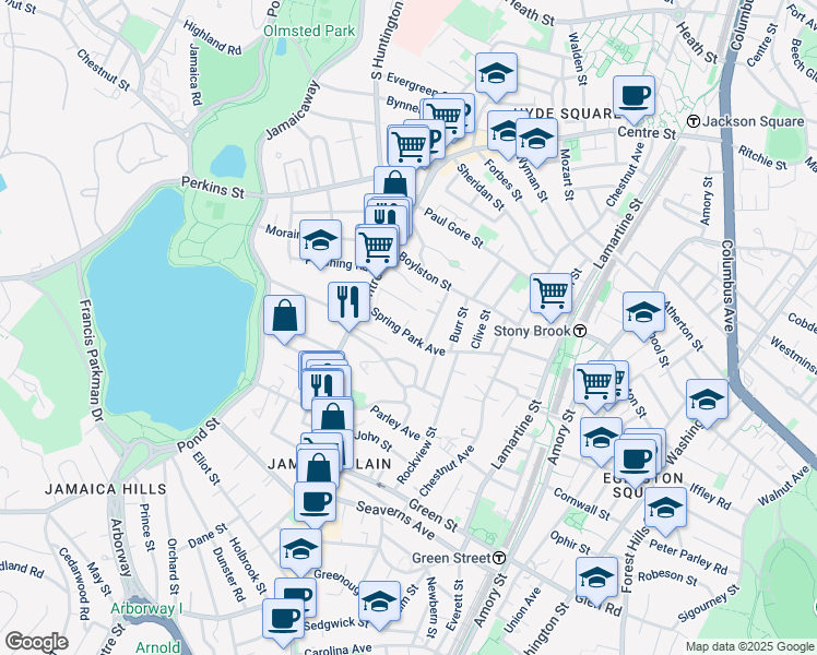 map of restaurants, bars, coffee shops, grocery stores, and more near 41 Spring Park Avenue in Boston