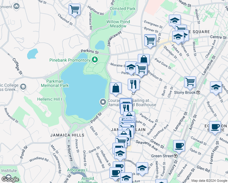 map of restaurants, bars, coffee shops, grocery stores, and more near 478 Jamaicaway in Boston