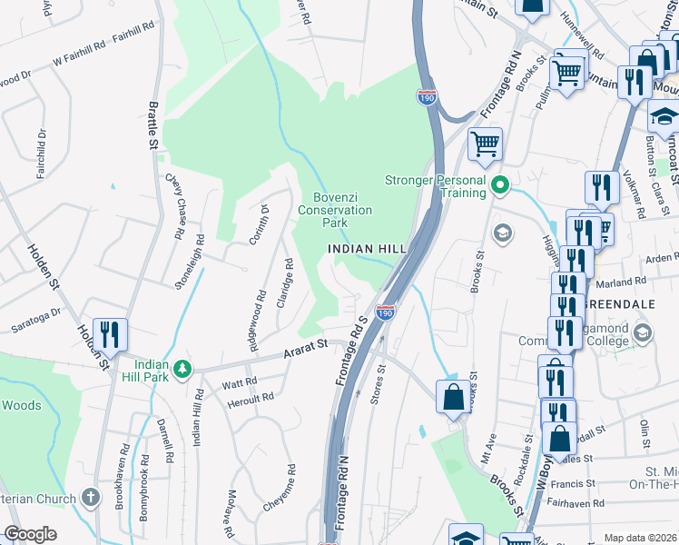map of restaurants, bars, coffee shops, grocery stores, and more near 29 Sunrise Avenue in Worcester