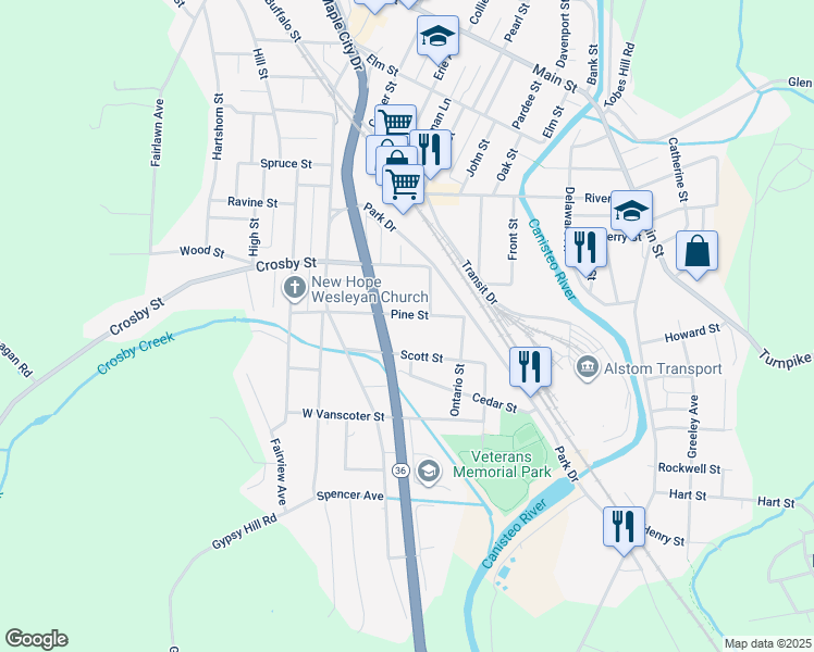 map of restaurants, bars, coffee shops, grocery stores, and more near 34 Scott Street in Hornell