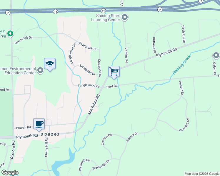 map of restaurants, bars, coffee shops, grocery stores, and more near 5860 Ford Road in Ann Arbor