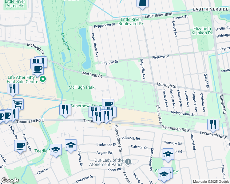 map of restaurants, bars, coffee shops, grocery stores, and more near 2582 Cypress Avenue in Windsor