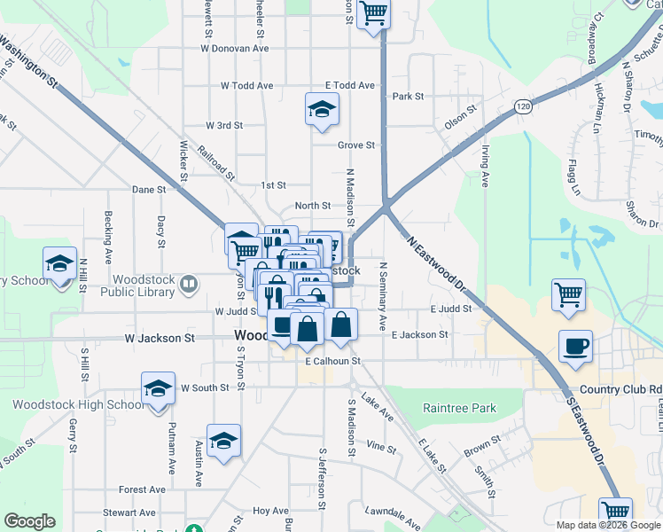 map of restaurants, bars, coffee shops, grocery stores, and more near 201 Illinois 120 in Woodstock