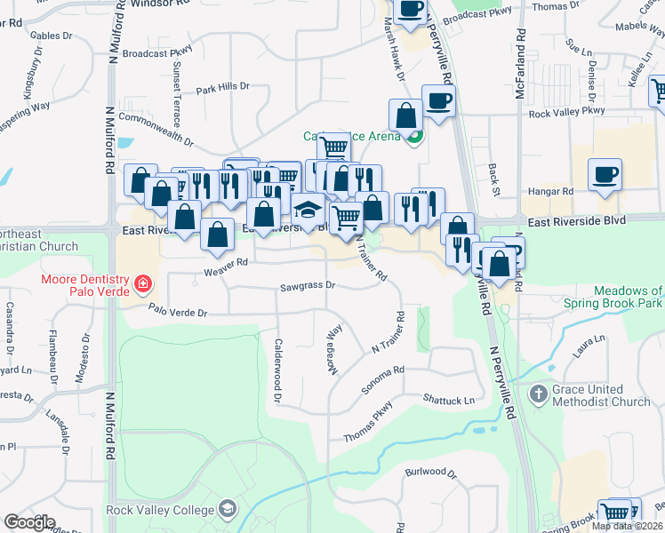 map of restaurants, bars, coffee shops, grocery stores, and more near 6511 Sawgrass Drive in Rockford