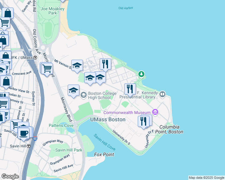 map of restaurants, bars, coffee shops, grocery stores, and more near 150 Morrissey Boulevard in Boston