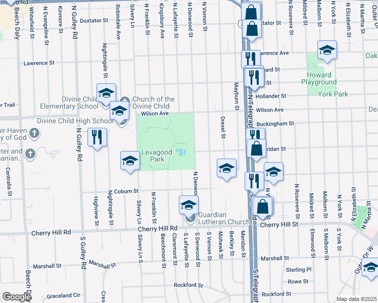 map of restaurants, bars, coffee shops, grocery stores, and more near 801 North Denwood Street in Dearborn