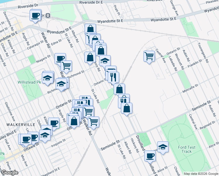 map of restaurants, bars, coffee shops, grocery stores, and more near in Windsor