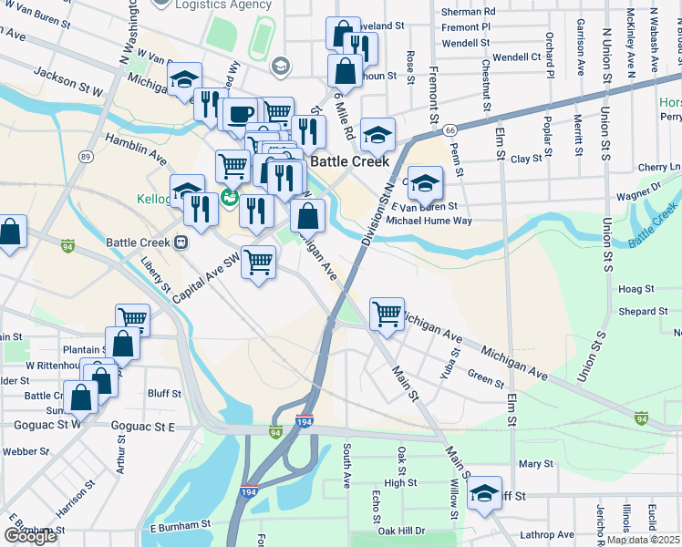 map of restaurants, bars, coffee shops, grocery stores, and more near 84 Michigan Avenue in Battle Creek