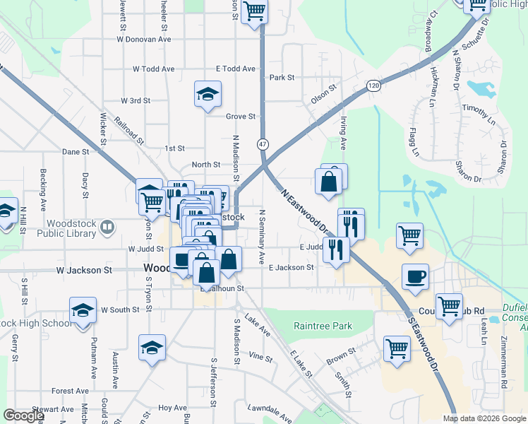 map of restaurants, bars, coffee shops, grocery stores, and more near 232 Church Court in Woodstock
