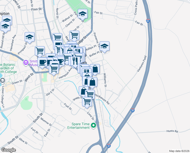 map of restaurants, bars, coffee shops, grocery stores, and more near 39 Holyoke Street in Northampton