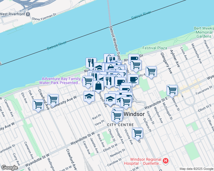 map of restaurants, bars, coffee shops, grocery stores, and more near 166 University Avenue West in Windsor