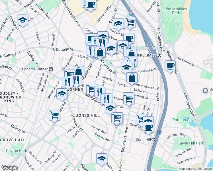 map of restaurants, bars, coffee shops, grocery stores, and more near 18 Hinckley Street in Boston