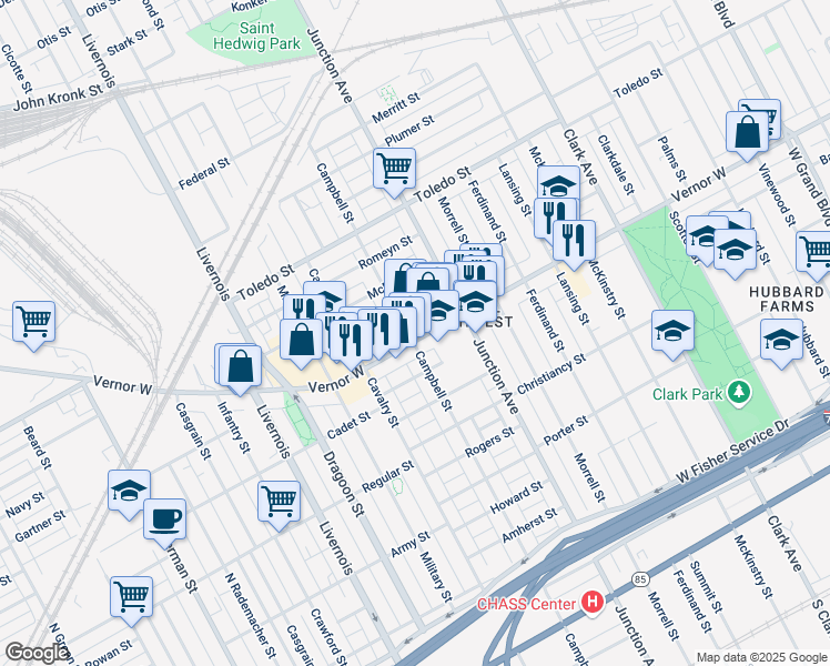 map of restaurants, bars, coffee shops, grocery stores, and more near 5643 Newberry Street in Detroit