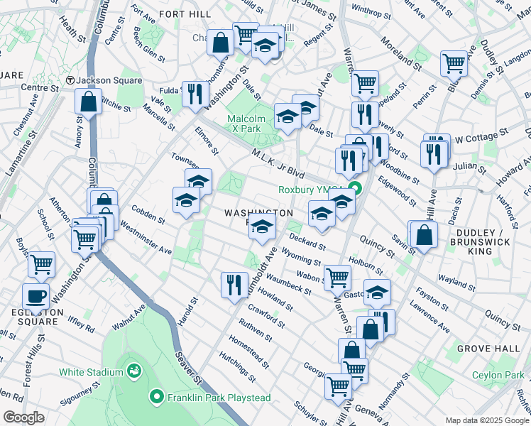 map of restaurants, bars, coffee shops, grocery stores, and more near 1-5 Crestwood Park in Boston