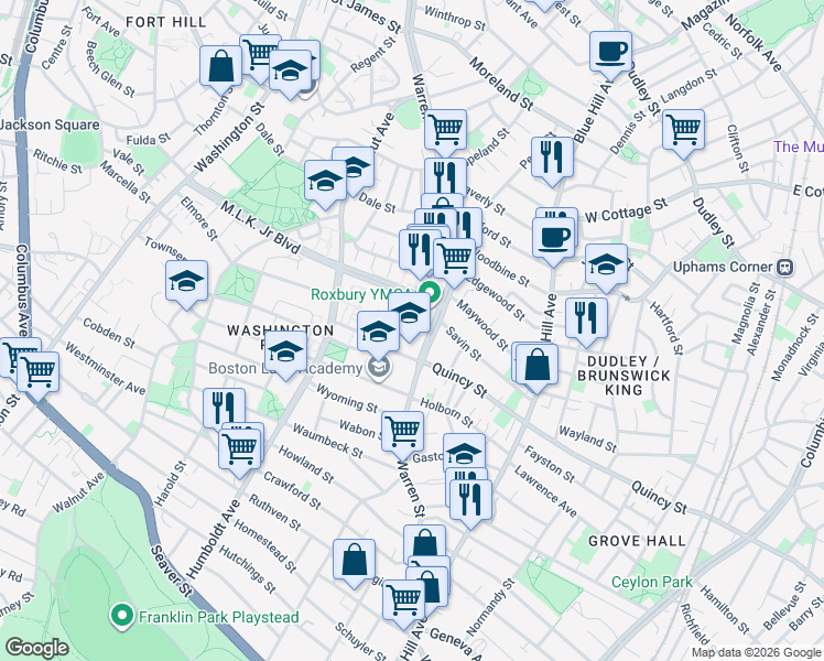 map of restaurants, bars, coffee shops, grocery stores, and more near 401 Warren Street in Boston