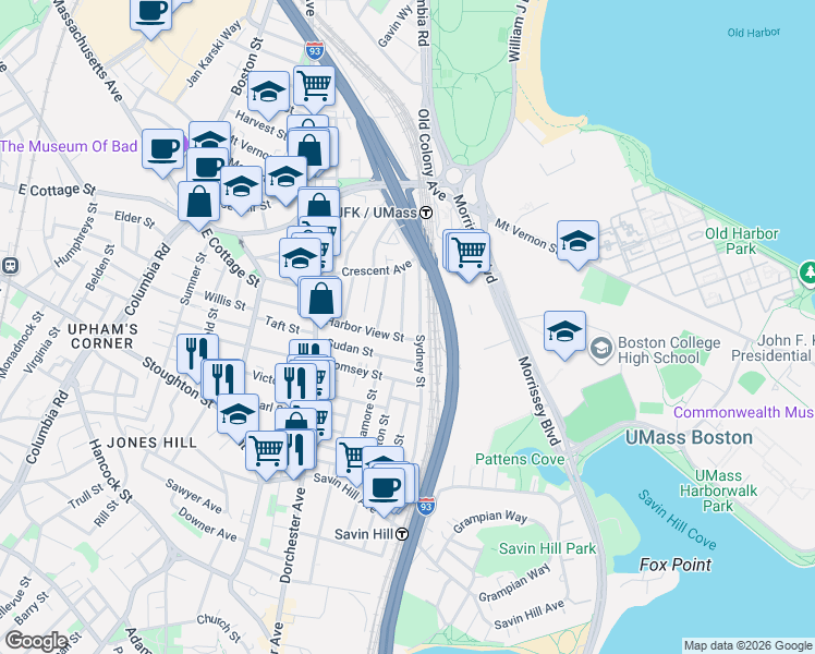 map of restaurants, bars, coffee shops, grocery stores, and more near 21 Spring Garden Street in Boston