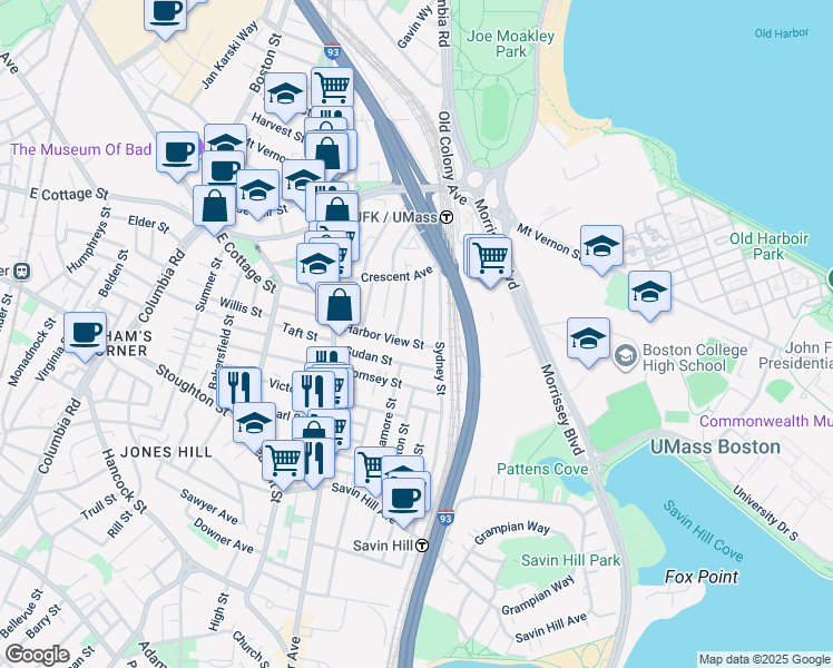 map of restaurants, bars, coffee shops, grocery stores, and more near 21 Spring Garden Street in Boston