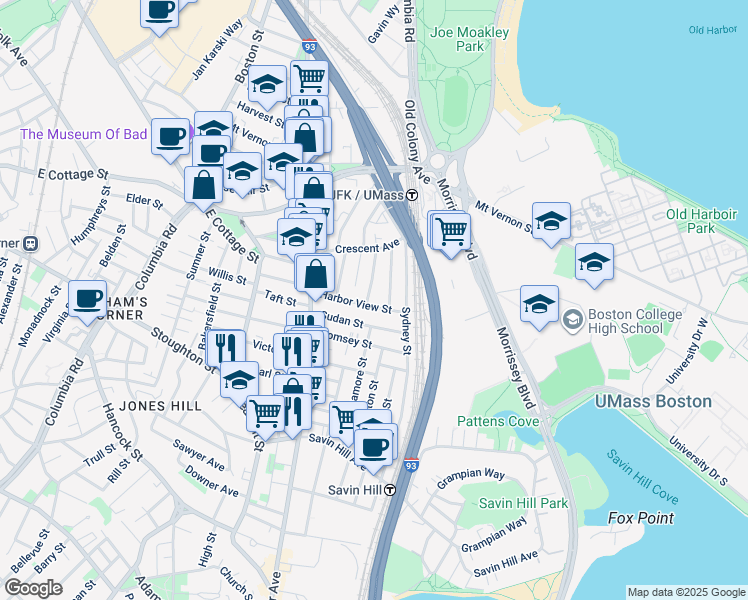 map of restaurants, bars, coffee shops, grocery stores, and more near 21 Spring Garden Street in Boston