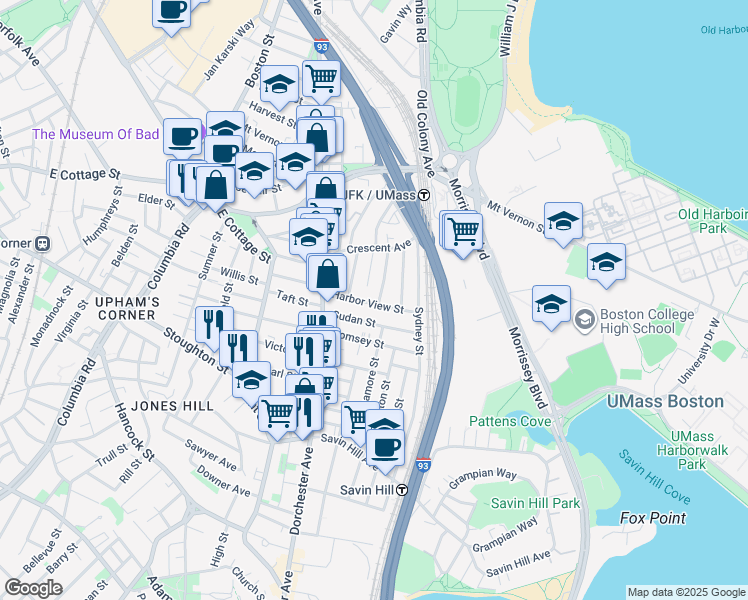 map of restaurants, bars, coffee shops, grocery stores, and more near 29 Raven Street in Boston