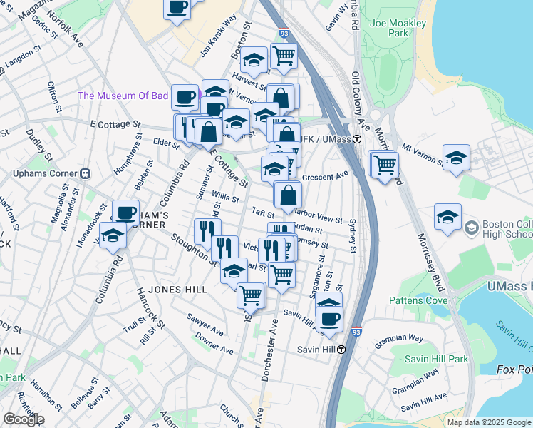 map of restaurants, bars, coffee shops, grocery stores, and more near 15 Howes Street in Boston