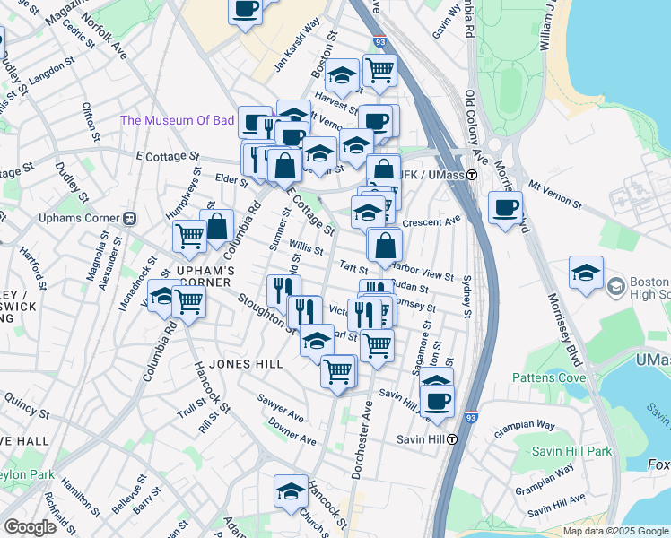 map of restaurants, bars, coffee shops, grocery stores, and more near 9 Willis Street in Boston