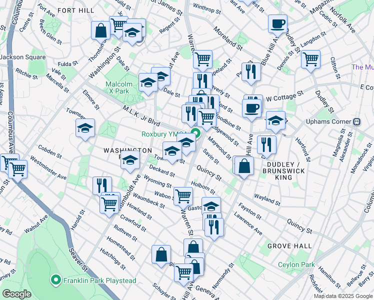 map of restaurants, bars, coffee shops, grocery stores, and more near 401 Warren Street in Boston