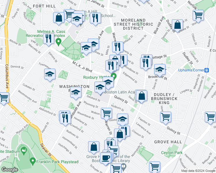 map of restaurants, bars, coffee shops, grocery stores, and more near 401 Warren Street in Boston