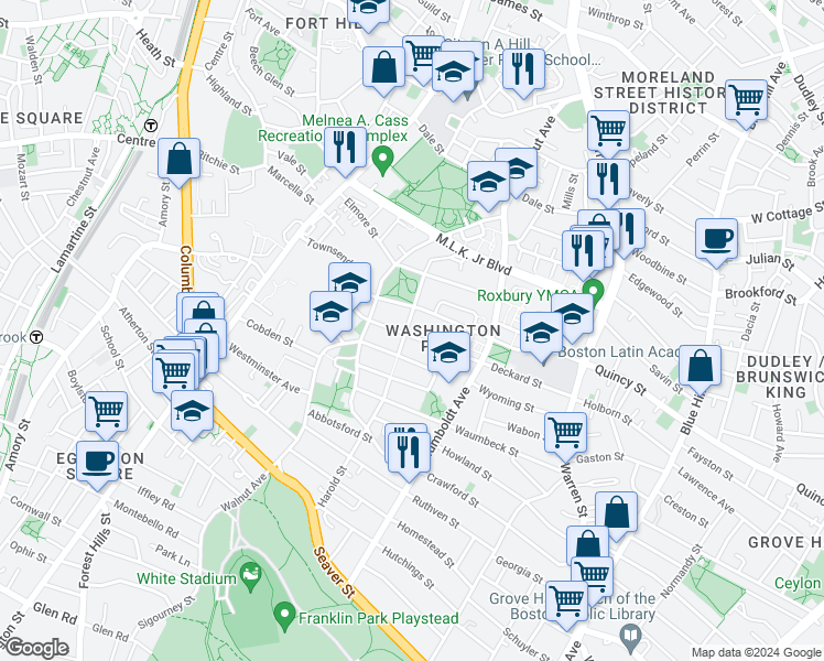 map of restaurants, bars, coffee shops, grocery stores, and more near 88 Harold Street in Boston