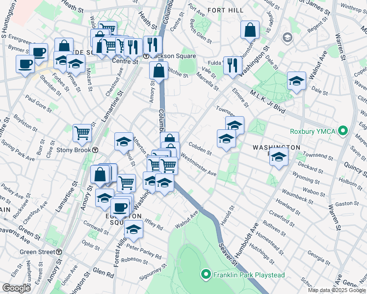 map of restaurants, bars, coffee shops, grocery stores, and more near 2984 Washington Street in Boston