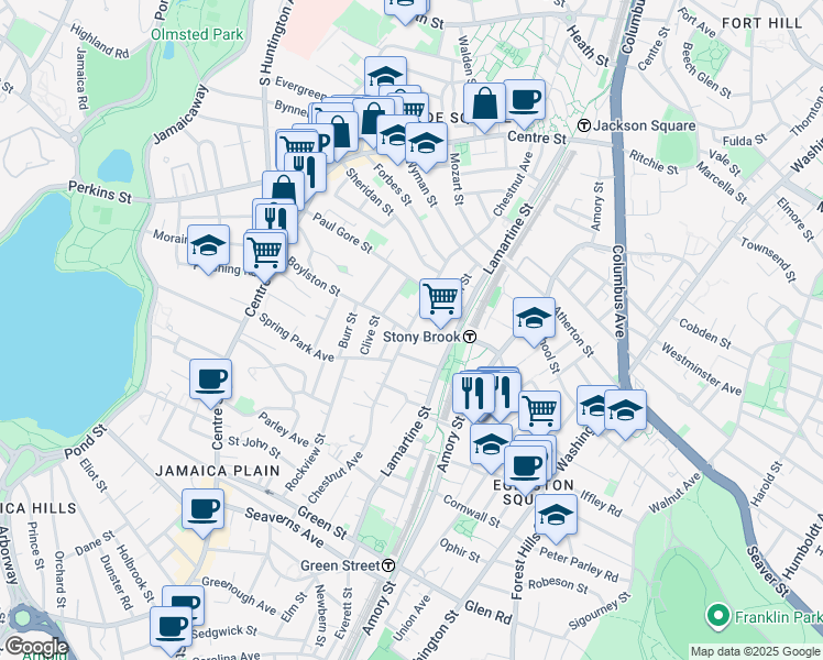 map of restaurants, bars, coffee shops, grocery stores, and more near 142 Chestnut Avenue in Boston