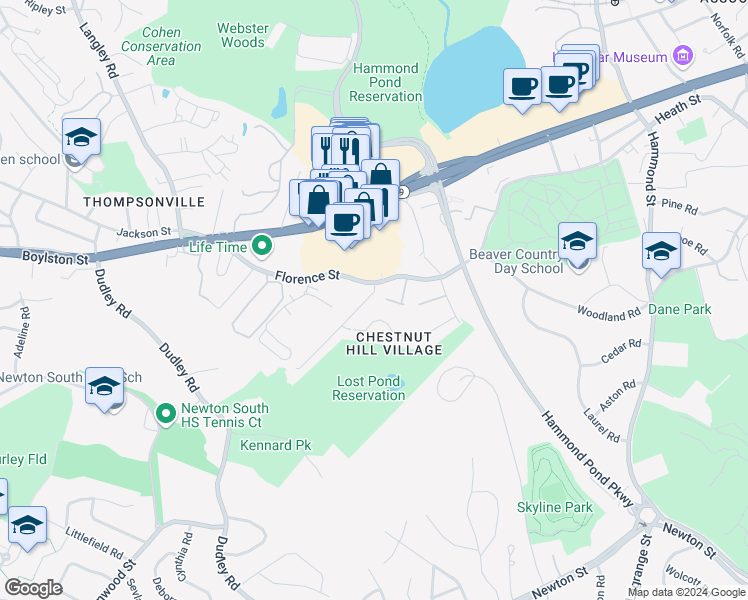 map of restaurants, bars, coffee shops, grocery stores, and more near 12 Louise Road in Newton