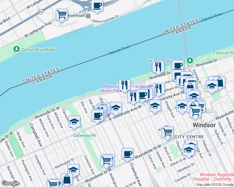 map of restaurants, bars, coffee shops, grocery stores, and more near 1100 Riverside Drive West in Windsor