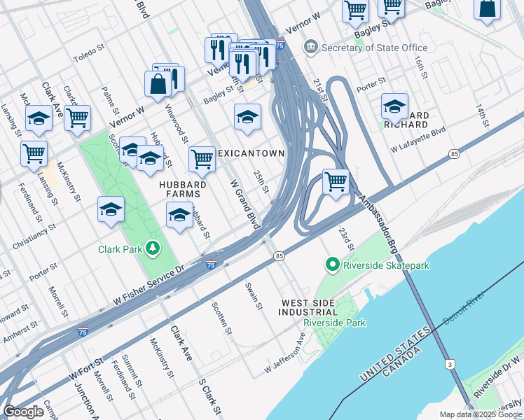 map of restaurants, bars, coffee shops, grocery stores, and more near 280 West Grand Boulevard in Detroit