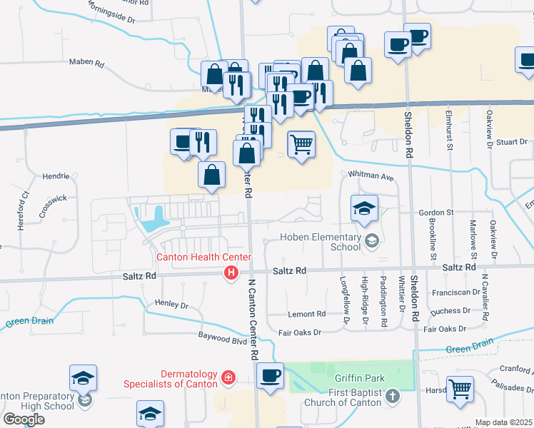 map of restaurants, bars, coffee shops, grocery stores, and more near 2200 North Canton Center Road in Canton