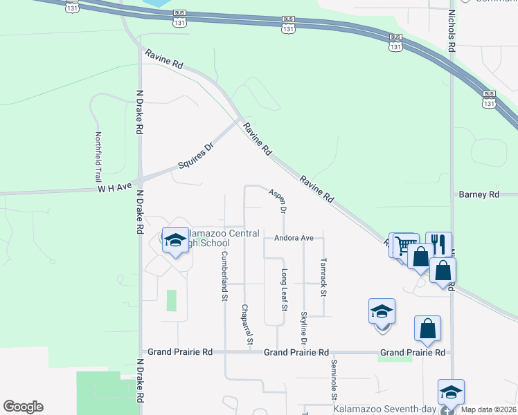 map of restaurants, bars, coffee shops, grocery stores, and more near 4121 Aspen Drive in Kalamazoo