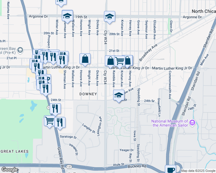 map of restaurants, bars, coffee shops, grocery stores, and more near 2236 Lewis Avenue in North Chicago