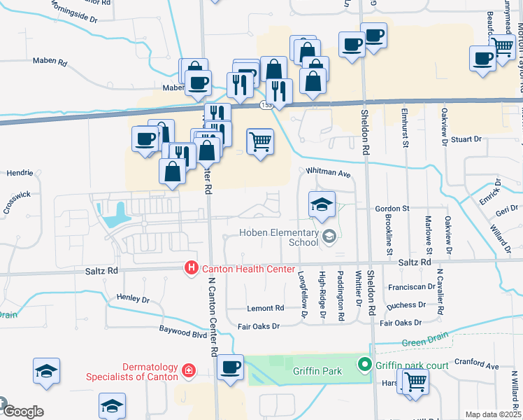 map of restaurants, bars, coffee shops, grocery stores, and more near 45165 Horseshoe Drive in Canton