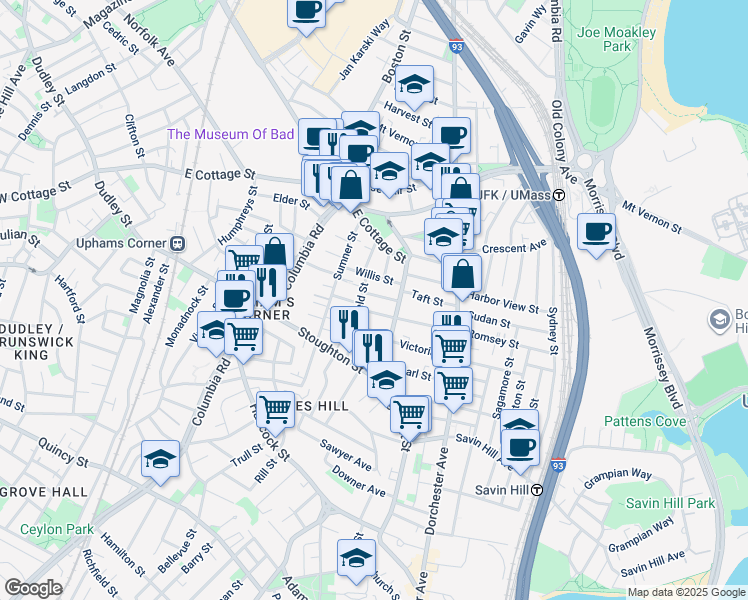 map of restaurants, bars, coffee shops, grocery stores, and more near 18 Hinckley Street in Boston