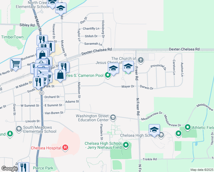 map of restaurants, bars, coffee shops, grocery stores, and more near 445 Mayer Drive in Chelsea