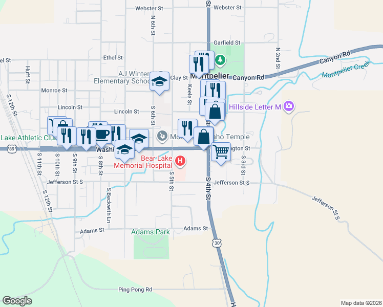 map of restaurants, bars, coffee shops, grocery stores, and more near 443 Washington Street in Montpelier