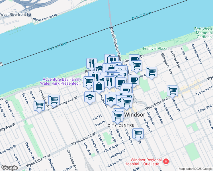 map of restaurants, bars, coffee shops, grocery stores, and more near 1959 Ferry Street in Windsor