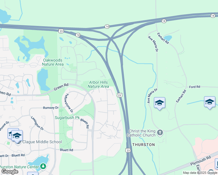 map of restaurants, bars, coffee shops, grocery stores, and more near 3477 Ashburnam Road in Ann Arbor