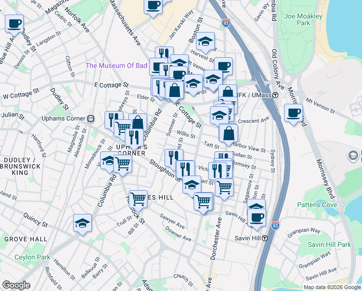 map of restaurants, bars, coffee shops, grocery stores, and more near 3 Bakersfield Street in Boston