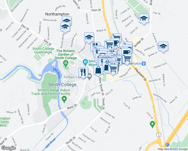 map of restaurants, bars, coffee shops, grocery stores, and more near 298 Main Street in Northampton